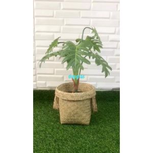 Pohon Artificial Tanaman Hias Daun Jari Philo X7 Latex Cover Pot Anyaman Purun Handle Dekorasi Meja Kantor
