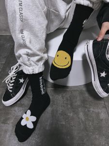 South Korea Harajuku G-Dragon GD Little Daisy Embroider Long Socks Men and Women Black Mid-Calf Length Socks Stylish Letter Fashion Socks
