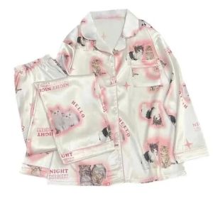 Kawaii Youth Girls Pjs Satin Homewear Long Short Fashion Pyjama Cute Cat Print Summer New Thin Pajamas for Women Silk Home Set