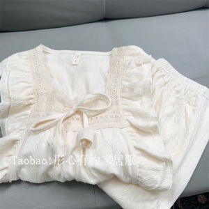 Đồ Ngủ Cotton Dài Tay Dài Quần Dài Phong Cách Công Chúa Cho Nữ Mùa Xuân Thu Mặc Nhà Thoải Mái Dễ Thương Có Đệm Ngực