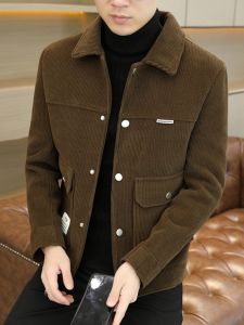 Mens Corduroy Jacket Autumn Winter Casual Loose Fit Thickened Cotton Button Decorated Windproof Outerwear Youth Fashion