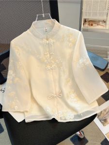 New Chinese Style Womens Chiffon Shirt with Button And Embroidery Heavy Work Modified Hanfu Top for Spring Autumn