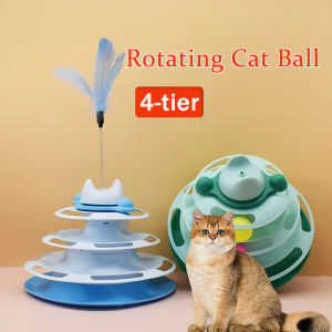 Cat Tower Ball with Feather 4 Layers Interactive Cat Toy Turntable Tower Track Spinning Balls Pet Toy Self-Hey