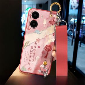 Vivo Y35 Soft Silicone Case with Wrist Strap Crossbody Shoulder Cord Anti-fall Full Cover Protection for Couples Trendy Design