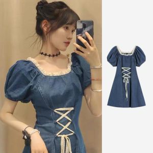 Sweet Style Bubble Sleeve Denim Dress Womens High Waist Short Skirt Summer New Slimming Belly Covering Back Strap Dresses