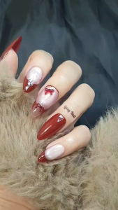 Lizzy Nail AL018 – Nailbox Móng Úp Đỏ Mix Mắt Mèo Nơ Set 10 Móng Giả Press On Nails Almond / Medium Stiletto