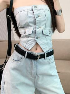 ชุดกางเกงยีนส์เอวสูงทรงหลวมสไตล์หรูหราสำหรับผู้หญิง ชุดกางเกงขายาวสองชิ้น แฟชั่นสตรีทสไตล์เกาหลี