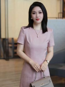 Elegant Pink round Neck Slim Fit Dress Womens Fashionable Retro Style Midi Dress Polyester Blend Short Sleeve Commute Wear