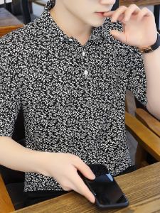 Summer New Mens Short Sleeve Polo Shirt Ice Silk V-Neck Half Sleeve Floral Print Casual Loose Fit Youth Trend Polyester Fiber