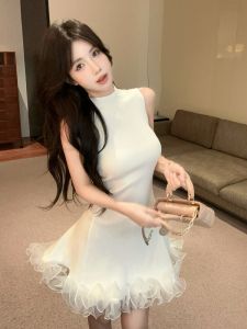 GUZILIAN | French Elegant White Collar Sleeveless Vest Dress Beautiful Unique A-Line Short Skirt Women Summer Fashion Commute Style