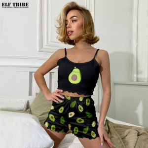 ELF TRIBE Mùa hè của phụ nữ áo ba lỗ gợi cảm áo ba lỗ & Bộ đồ ngủ quần đùi in họa tiết hoạt hình hai mảnh Homewear