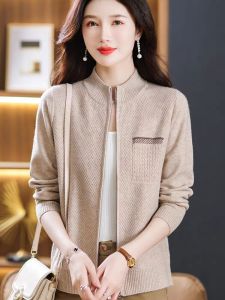 Fall Open Cardigan Womens Fashion Loose Knitted Woolen Top Zipper High Collar Sweater Outerwear Korean Style Long Sleeve