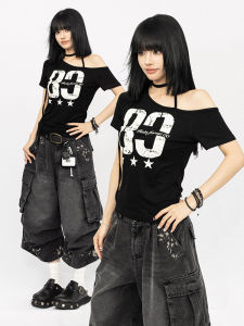 Áo Thun Tay Ngắn Hở Vai Phong Cách Retro Mỹ Của OCTTFLAB Dành Cho Nữ Thiết Kế Ngắn Chất Liệu Polyester Mùa Hè 2025