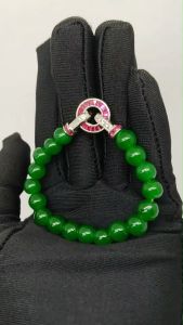 100% หยกแท้ สร้อยข้อมือ หยกเจได Jadeite Type A ตะขอคริสตัลสีแดง เงินแท้ 92.5% พร้อมกล่อง