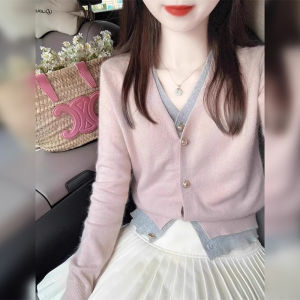 DUOFEIYAN | Fashionable Pink V-Neck Knit Cardigan Womens Stylish Short-Sleeve Sweater