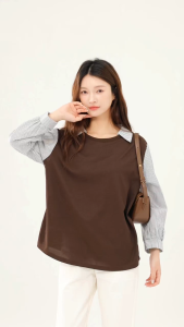 KM Sephia Cotton Waffle Long Sleeve Pattern Layer Blouse [B946]