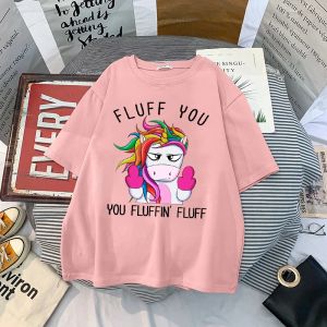 Sanrio | Funny Fluff You You Fluffin Fluff Unicorn Rainbow T Shirt Lady Short Sleeve Tee Female Summer Tops Womens T-shirt Unicorn Tshirt