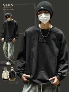 เสื้อยืดคอกลมแขนยาวผ้าฝ้ายแท้ทรงหลวมสำหรับผู้ชาย เสื้อเชิ้ตฐานรากฤดูใบไม้ผลิและฤดูใบไม้ร่วง แฟชั่นลำลอง สวมใส่สบาย