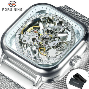 Forsining | Forsining Luxury Retro Mechanical Watch for Men Gold Square Skeleton Automatic Watches Stainless Steel Band Business Wristwatch