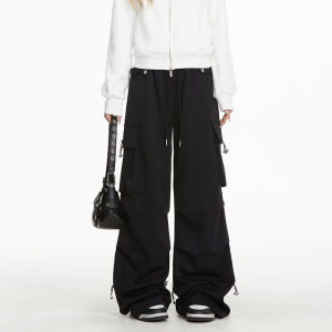 กางเกงทำงานสีขาวทรงตรงหลวมๆ สำหรับผู้หญิง กางเกงขายาวลำลองสไตล์ฮิปฮอปแจ๊ส กางเกงขายาวทรงหลวมสบายๆ สำหรับผู้หญิง