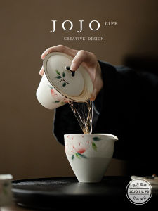 Hand-Painted Ceramic Cover Bowl JOJOS L. PD Knock Vintage Style Peach And Horse Hoof Cover Bowl Tea Utensils Japanese Style