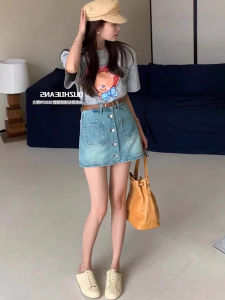 High Waist A-Line Short Jeans Skirt Womens Single Row Multi-Buckle Slimming Versatile Summer Fashion Korean Style Half-length