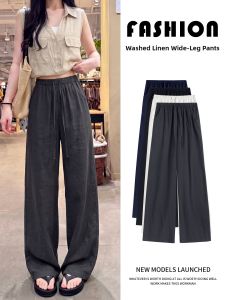 YAYANGREN | Gray Linen Wide Leg Pants Summer Thin Breathable Loose Drooping Old Money Style