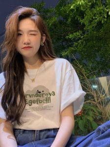 Chic Summer 2025 Womens Loose Shoulder Short Sleeve T-Shirt Korean Style round Neck Print Casual Cotton Top Harajuku Trend