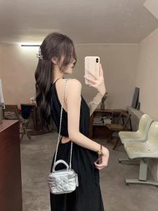 Black Neck Hanging Waist Cinching Holiday Style Womens Dress Summer New Design Sensation Slimming Sleeveless Long Dress