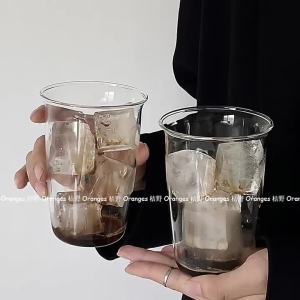 Simple Modern Transparent Glass Water Cup High Temperature Resistant Coffee Shop Beverage Cup Cold Drink Cup Orange Color