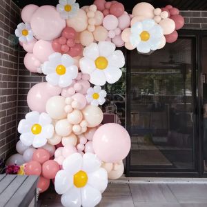 114Pcs Retro Pink Daisy Balloon Garland Arch Set for Wedding Anniversary Birthday Party Decorations