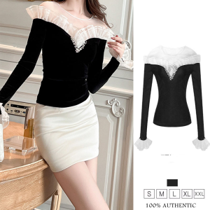 ZYHT Eravogue Womens One-Shoulder Dressy Shirt Velvet Long Sleeve T-shirt White Package Hip Short Dress Set 91684/70641