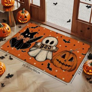 VIKAMA Halloween Black Cat Ghost Print Rug Non Slip Floor Mat Indoor Outdoor Entrance Kitchen Bathroom Party Home Decor