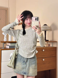 French Lace Trim Half High Collar Short T-Shirt Womens Premium Feel Vertical Rib Stripe Long Sleeve Slimming Waist Short Knitwear