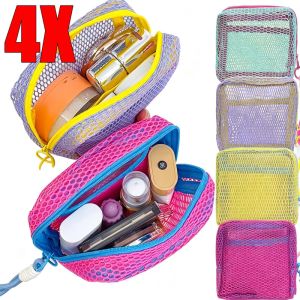 4Pcs Dopamine Color Mesh Makeup Pouch / Large Capacity Travel Toiletry Organizer / Portable Zipper Cosmetic Storage Bag for Daily Trip