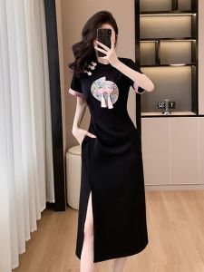New Chinese Style Embroidered Heavy Work Long Dress New Autumn Early Season Color Collision Waist Cinch Qipao Slit Dress