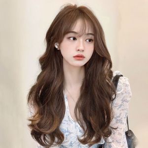 Womens long curly wig air bangs fashionable big waves voluminous imitation hair full headset