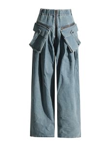 Twotwinstyle Phong Cách Châu Âu Áo Khoác Denim Và Quần Jean Nữ Túi Lớn Quần Ống Suông 2 Bộ Màu Xanh Dương