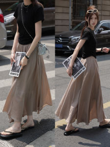 ชุดเดรสยาวเอวสูงทรงเอผ้าซาตินสำหรับผู้หญิงในฤดูใบไม้ร่วง ชุดกระโปรงสั้นสไตล์ลำลอง ผ้าไนลอนผสมอะซิเตท