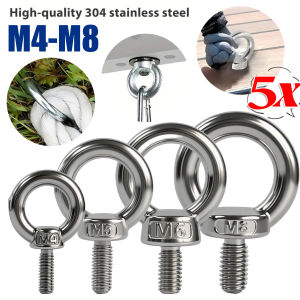 5Pcs 304 Stainless Steel Lifting Eye Bolts Ring Wire Rope Fixing Eyebolt Cell Hanging Hook Nut Screw Rings M4 M5 M6 M8