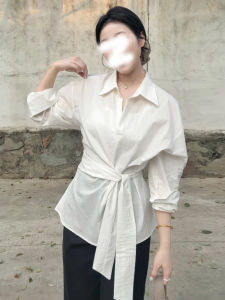 Áo Sơ Mi Trắng Buộc Dây Kiểu Pháp Cao Cấp Dành Cho Nữ 2025 Mùa Xuân Thời Trang Thiết Kế Mới Eo Dài Tay Cổ Polo Thường Ngày
