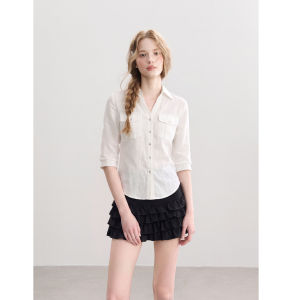 QIAOJIAOYA | White V-Neck Short Sleeve Slim Fit Office Shirt