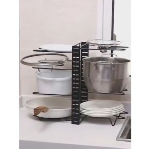 Height Adjustable Metal Pot Holder - 8-Layer Folding Pot Lid Storage Rack Kitchen Counter Organizer