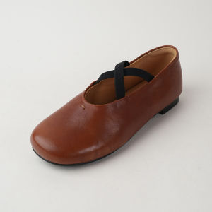 Retro French Style Ballet Flat Shoes Womens Brown Cross Strap round Toe Low Heel Grandma Shoe Fashionable Casual Slip-On