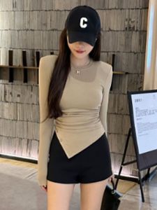 Korean Style Irregular Womens T-Shirt Fall 2023 Popular Beautiful Small Shirt Super Show Body Shape Top Long Sleeve round Neck