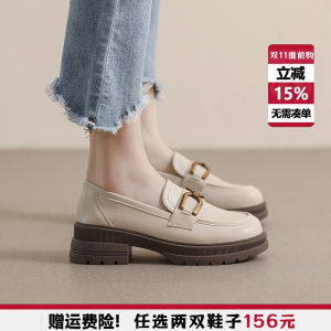 New 2025 Womens Thick Heel Slip-On Loafers British Style round Toe Fashionable Flat Leather Shoes Available in Sizes 41 to 43