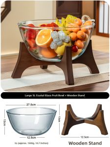 CRISTALGLASS | Large Glass Footed Salad Serving Bowl with Bamboo Stand