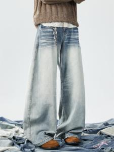 กางเกงยีนส์ทรงหลวมขาบานสไตล์ย้อนยุคสไตล์อเมริกันสำหรับฤดูใบไม้ร่วงและฤดูหนาวสำหรับผู้ชายและผู้หญิง กางเกงขายาวทรงตรง