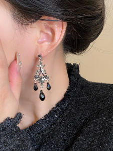 Elegant Black Tassel Earrings Luxury Fashion Womens Jewelry Unique Drop Earrings Triangle Shape Silver Plating Zirconia Stones
