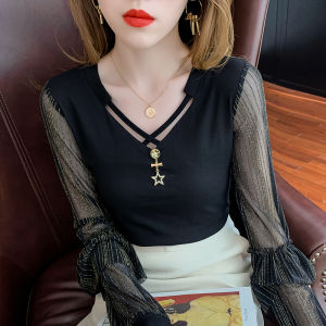 เสื้อหญิงยิ้มใหญ่ๆ 2023 ร่วมกับฤดูใบไม้ผลิและฤดูใบไม้ร่วงแฟชั่น Magnanimous อาวุโส Sense Cross V คอยาวด้าย ถ้าคุณต้องการเสื้อแขนยาวด้ายทองโคม ให้ลองคลิกที่นี่!